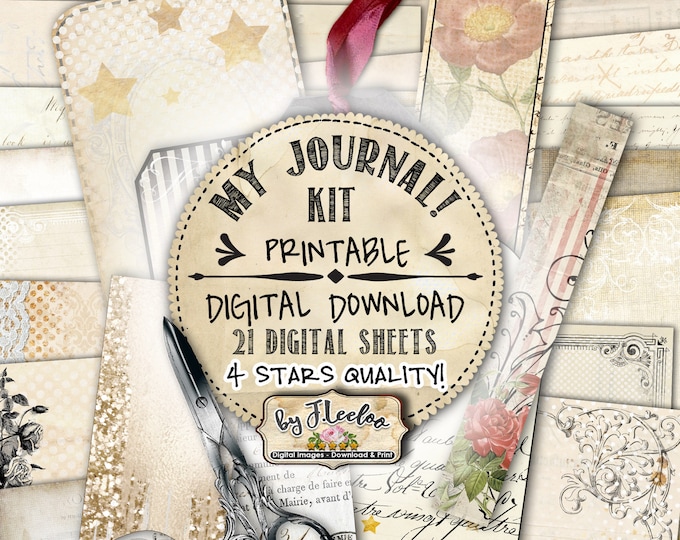 MY JOURNAL Kit diy vintage shabby chic linen and dot printable diary collage sheets pp486