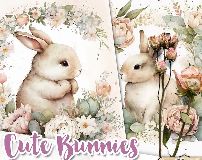 CUTE BUNNIES 18 Cards 5x7  | Bunnies With Flower Wreaths floral Easter bunnies for Planner and Journals Romantic rabbit | CU pp587