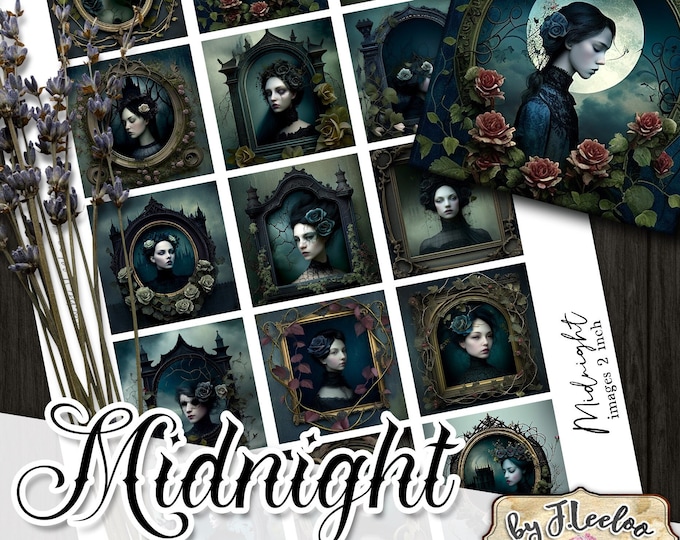 MIDNIGHT 2x2 inch gothic printable | melanconic dark woman digital | witches amulet | victorian flower vintage | instant download qu547