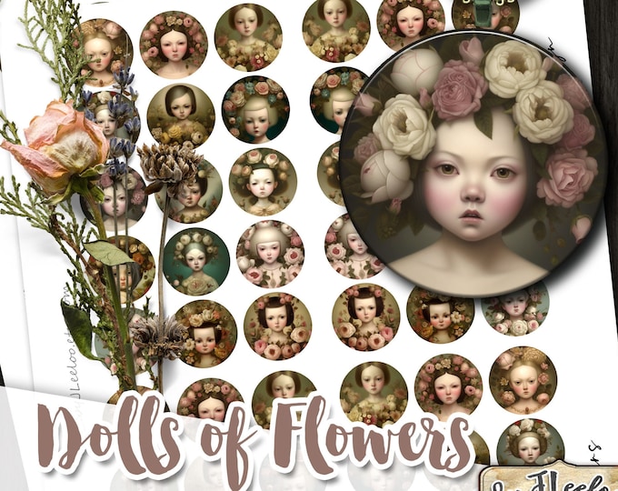 DOLLS of FLOWERS 1 inch strange round pendants | printable digital images | romantic chic portrait | ephemera vintage download qu644