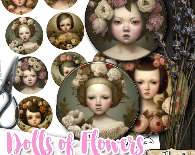 DOLLS of FLOWERS strange rounds pendants | romantic portrait | printable digital images | flower chic vintage | instant download tn641