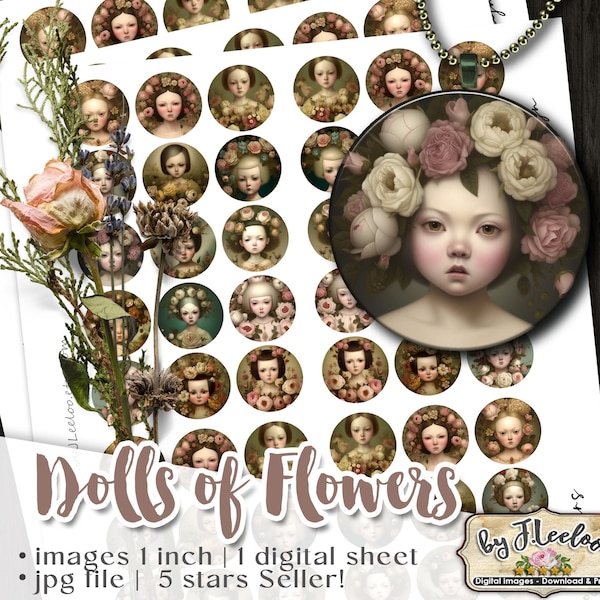 DOLLS of FLOWERS 1 inch strange round pendants | printable digital images | romantic chic portrait | ephemera vintage download qu644