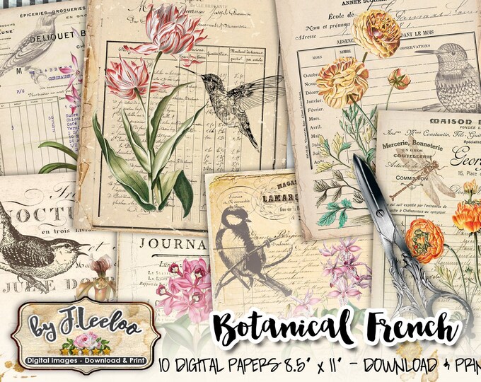 BOTANICAL FRENCH large 8.5x11 inch digital shabby flower collage sheet bills distressed scrapbooking instant download printable diary pp516