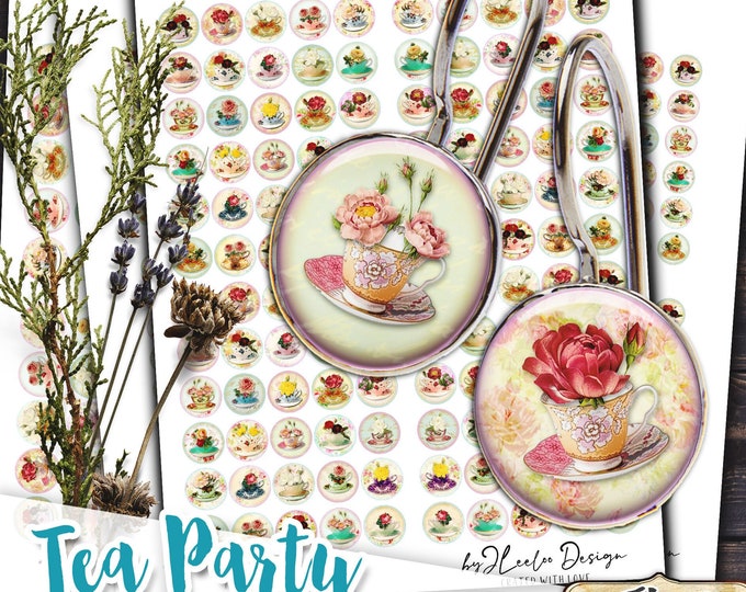 Digital collage sheet TEA PARTY 1 inch circle drink tea cup rose romantic flowers pendant magnet craft instant download printable tn163