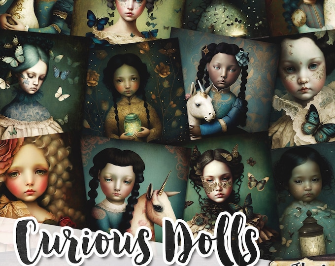 CURIOUS DOLLS 4x4 printable Junk Journal supplies | Digital ephemeral Collage paper | Mixed Media Package Kit | DiY cards vintage | qu554