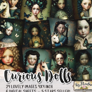 CURIOUS DOLLS 4x4 printable Junk Journal Zubehör | Digitales ephemeres Collagepapier | Mixed Media Paket-Kit | DiY Karten | qu554