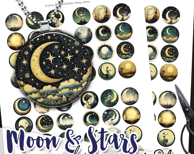 MOON and STARS 1 inch circle printable bottle caps stickers for pendants pin badge magnets coaster graphic digital collage sheet | tn660