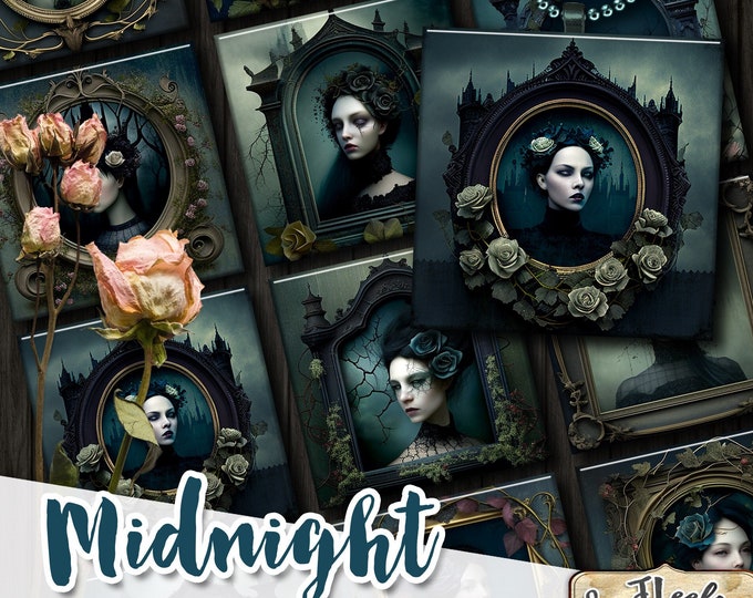 MIDNIGHT 1x1 inch gothic printable | melanconic dark woman digital | witches amulet | victorian flower vintage | instant download qu552