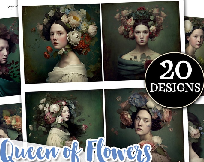 QUEEN of FLOWERS 4x4 inch 20 cards for coaster hang tag magnet journal DIY scrapbooking invitation | Botanical vintage documents | qu553