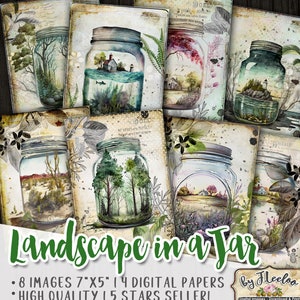 PAISAJE en un tarro Tarjetas digitales de 5 x 7 pulgadas / efímeras vintage para diario basura / diario de viaje con álbum de recortes / bricolaje hogareño lugar de la suerte pp582