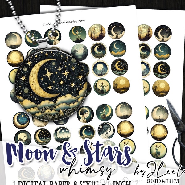MOON and STARS 1 inch circle printable bottle caps stickers for pendants pin badge magnets coaster graphic digital collage sheet | tn660