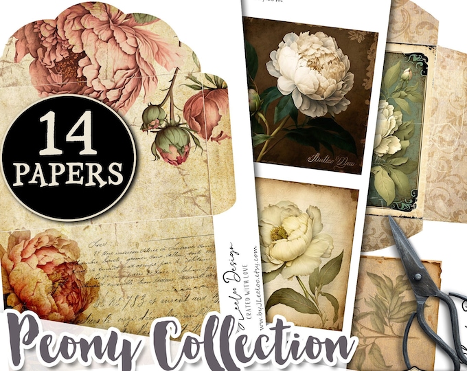 PEONY COLLECTION junk journal supplies | envelopes tags pocket labels | flower shabby chic diary paper craft art   | pp591