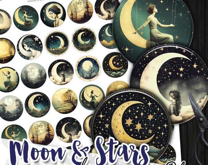 MOON and STARS 1.5 inch circle | printable bottle caps stickers for pendants pin badge magnets coaster graphic digital collage sheet | tn659