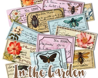 IN THE GARDEN entomology labels kit | vintage ephemera butterfly insect | junk journal supplies | botanical apothecary card making | pp604