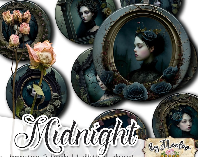 MIDNIGHT 2 inch gothic round | printable melanconic dark woman sheet digital images | victorian flower vintage | instant download tn642