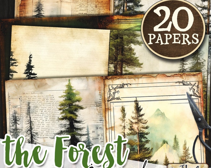 FOREST junk journal kit | watercolor forest scene printable pages | woodland animals digital collage sheet | vintage stationery | pp611