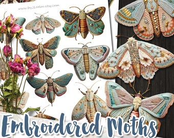 EMBROIDERED MOTHS vintage PNG broochs entomology clipart | printable vintage fussy cuts | ephemera butterfly insect junk journal | cl140