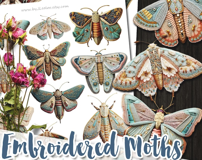 EMBROIDERED MOTHS vintage PNG broochs entomology clipart | printable vintage fussy cuts | ephemera butterfly insect junk journal | cl140