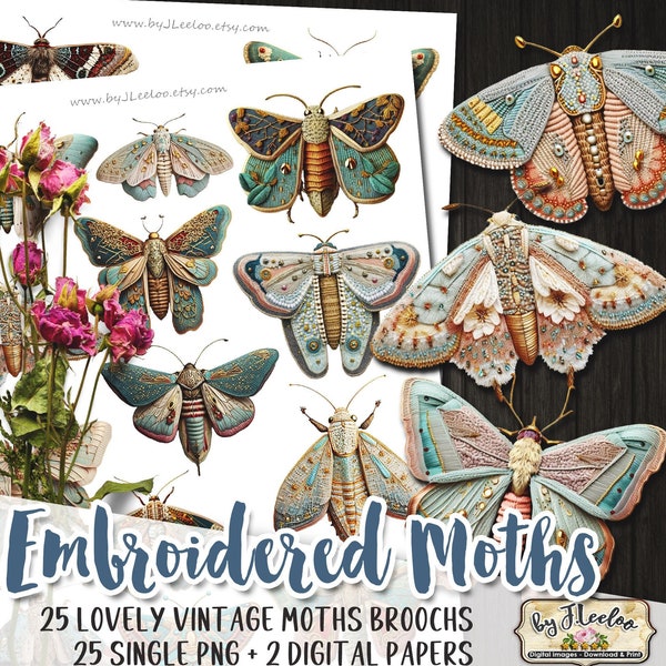 EMBROIDERED MOTHS vintage PNG broochs entomology clipart | printable vintage fussy cuts | ephemera butterfly insect junk journal | cl140