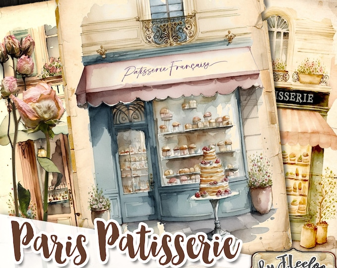PARISIENNE PATISSERIE Cards 5x7 | Junk Journals Planner Diary | Watercolors Romantic Paris France | Supplies Scrapbooking Ephemera | pp592