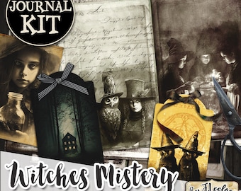 May include: A digital printable journal kit with a spooky theme. The kit includes 21 papers, each measuring 8.5 inches by 11 inches. The papers feature images of witches, owls, a haunted house, and other spooky elements. The kit is titled "Witches Mistery" and is by Fleeloa.