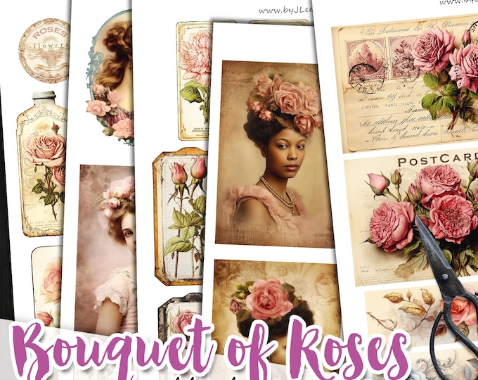 a BOUQUET of ROSES digital papers | Romantic Junk Journal ephemera for scrapbook | Shabby Chic floral | Fussy Cuts paper Printable | pp621