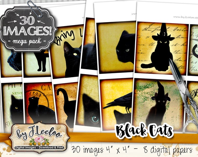 BLACK CATS 4x4 inch square printable for coaster jewelry holder hang tags invitations party instant download digital collage sheet- qu528