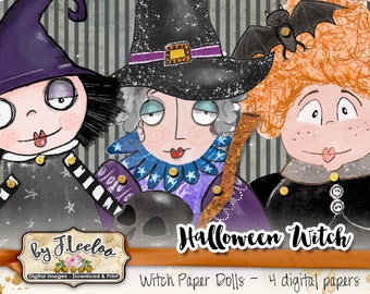 HALLOWEEN WITCH paper dolls hand drawn scary digital altered art Digital collage sheet scrapbook instant download printable pp507