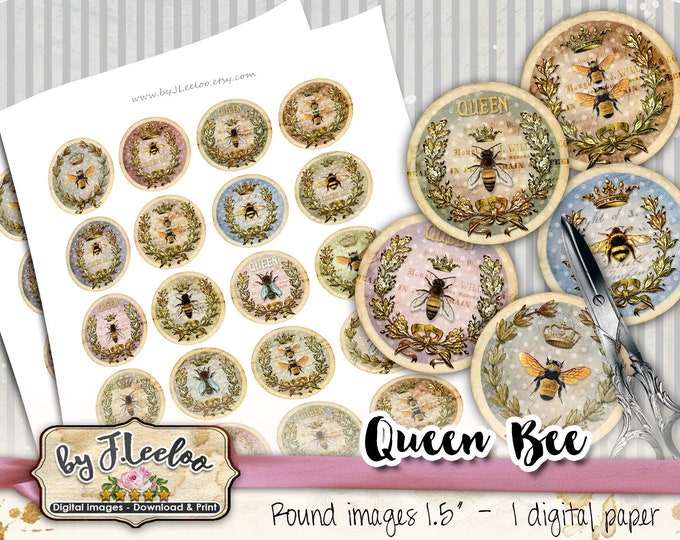 QUEEN BEE printable sheets 1.5 inch digital images french paper goods chic vintage pendant craft instant download tn596