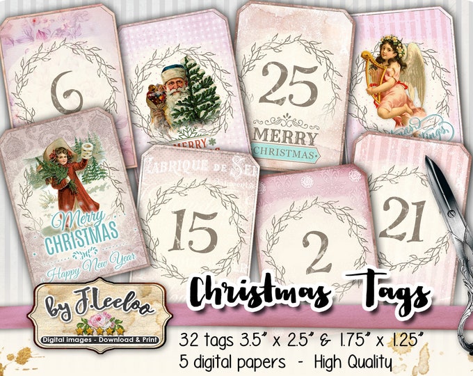 CHRISTMAS tags printable vintage calendar daily countdown ephemera scrapbook download gift Santa instant download tl222