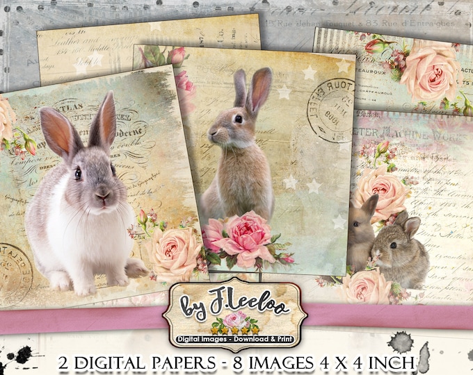 EASTER BUNNIES 4x4 inch digital images coaster magnet scrapbook instant download printable transfer iron on qu522