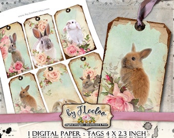 HAPPY BUNNIES easter tags digital shabby chic jewelry holder roses paper goods for craft art Digital collage printable tl217