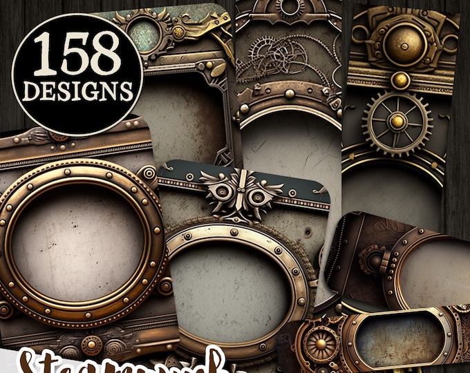 STEAMPUNK FRAMES Collection 158 printable images | vintage ephemera junk journal |  Bundle metal industrial 21 collage sheets | pp588