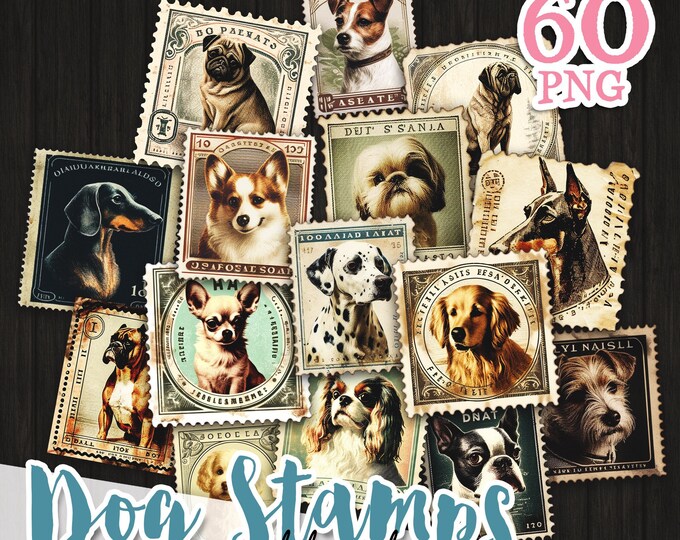 Fake DOG STAMPS postage Png printable | Junk Journal cute puppies supplies | Pets vintage ephemera fussy cuts scrapbook Download  | cl139