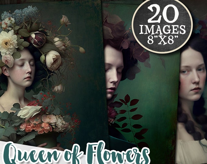 QUEEN of FLOWERS 8x8 printable square | 20 large digital images | romantic french portrait | flower chic vintage | Bundle download | pp589