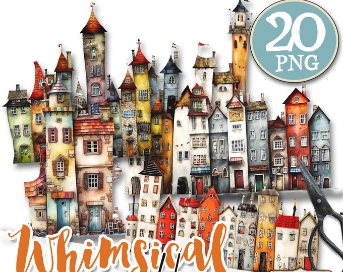 WHIMSICAL HOUSES PNG Clipart paper craft supplies | junk journal elements vintage | quirky mixed media printable | commercial use | cl147