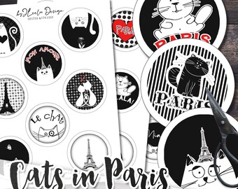 CATS IN PARIS 2.25 für Knopfmaschine Magnet Aufkleber Anhänger handgezeichnete Original sofort download printable | tn649