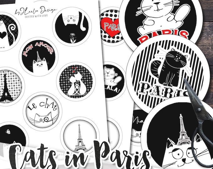 CATS IN PARIS 2.25 for button machine magnet stickers pendant hand drawn original instant download printable | tn649