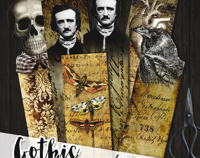 GOTHIC BOOKMARKS printable scary paper | Victorian digital supplies | Poe bat and skull for junk journal mixed media Ephemera cards | bm111