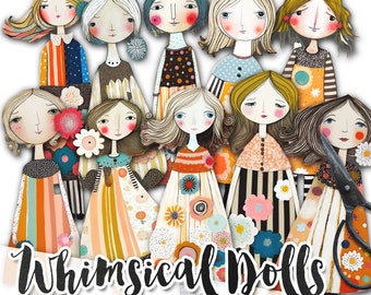 WHIMSICAL PAPER DOLLS and Sceneries printable kit junk journal cut off | Dolls journaling supplies Collage | fussy cut doll digital | pp595