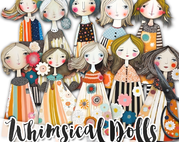WHIMSICAL PAPER DOLLS and Sceneries printable kit junk journal cut off | Dolls journaling supplies Collage | fussy cut doll digital | pp595