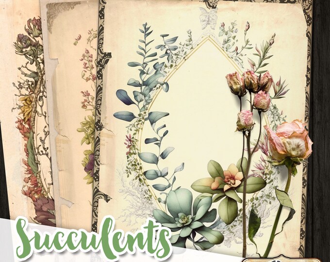 SUCCULENTS 12 frames Digital Vintage 5x7 Cards | floral backgrounds for Junk Journals | Grunge Floral Ephemera | Digital Floral Papers pp585