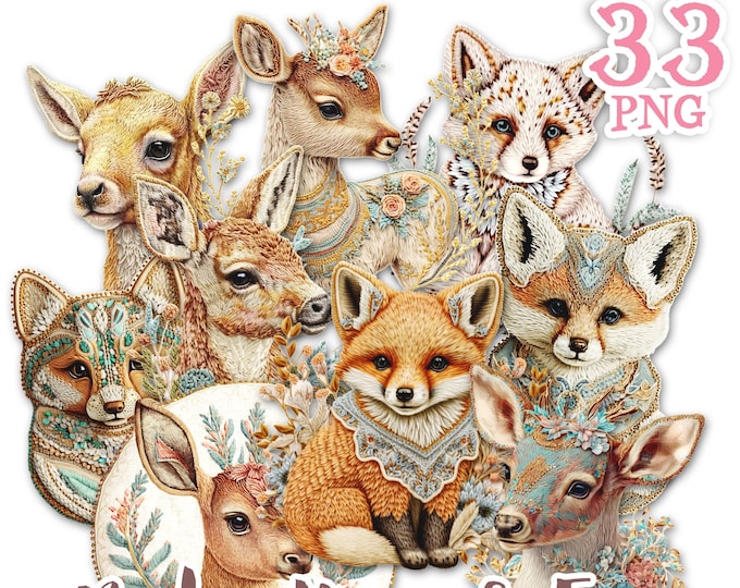 Embroidered DEER and FOX vintage PNG broochs victorian clipart | printable fussy cuts | ephemera junk journal creative art digital | cl141