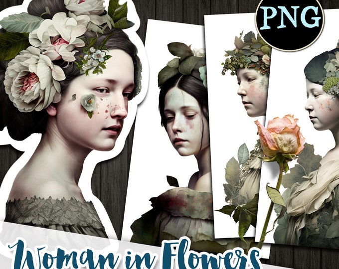 WOMAN in FLOWERS 10 png for scrapbook junk journal Victorian antique Romantic | fussy cuts Diary printable DIY paper art Ephemera | cl136