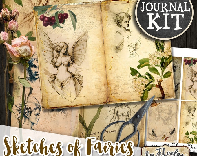 SKETCHES_of_FAIRIES journal kit junk paper diy vintage magic garden vintage cards mistery tag craft paper printable diary pp581
