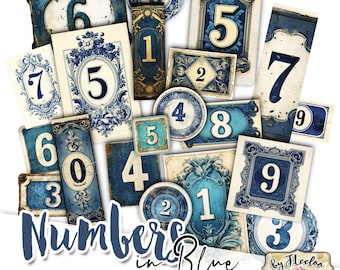 NUMBERS IN BLUE labels printable mystic fantasy supplies | tags vintage ephemera junk journal | images digital collage sheet | pp625