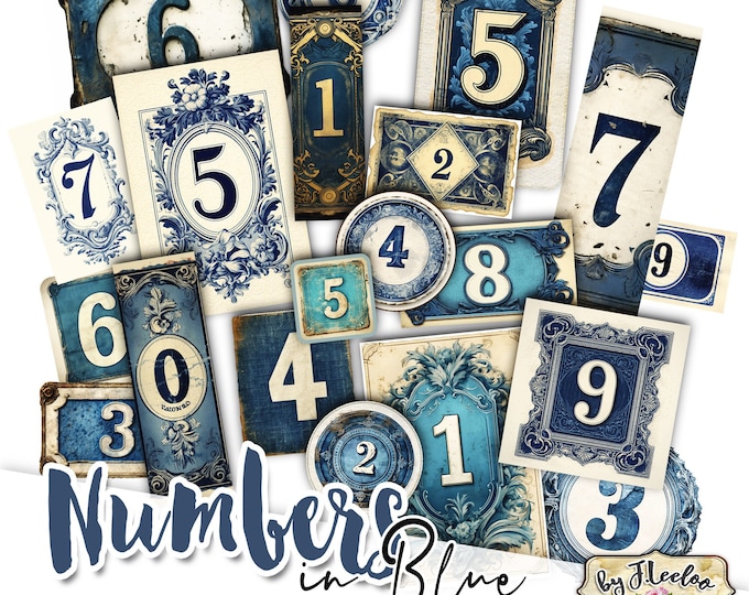 NUMBERS IN BLUE labels printable mystic fantasy supplies | tags vintage ephemera junk journal | images digital collage sheet | pp625