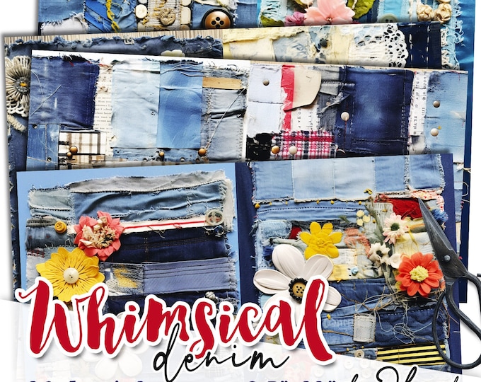 WHIMSICAL DENIM fabric collage supplies papers | Shabby Chic Junk Journal pages | background vintage craft paper digital ephemera | pp619