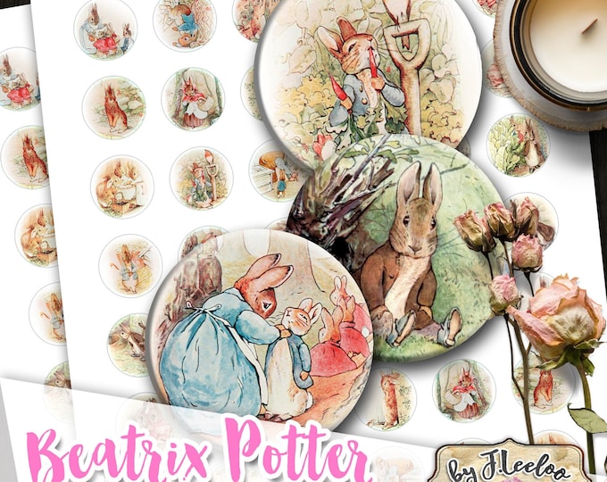 BEATRIX POTTER rabbit 1 inch circle printable bottle caps stickers for pendants magnets coaster graphic digital collage sheet tn612