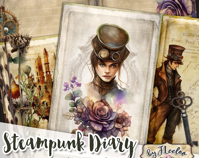 STEAMPUNK DIARY journal kit junk paper diy vintage cards tags cover square craft paper printable diary pp578